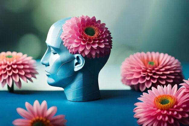 синяя пластиковая голова мужчины с цветами на ней