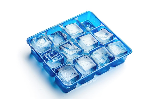 Photo blue plastic ice cube tray with frost isolated on white