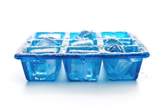 Blue plastic ice cube tray with frost isolated on white