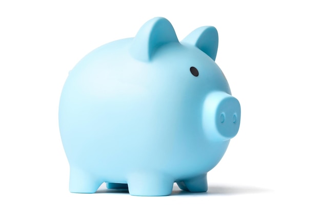 Blue plastic piggy bank isolated on a white background side view