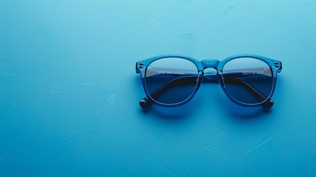 Blue plastic sunglasses on a blue background The glasses have a round frame and blue lenses They are sitting on a blue table