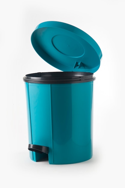 Blue plastic trash can