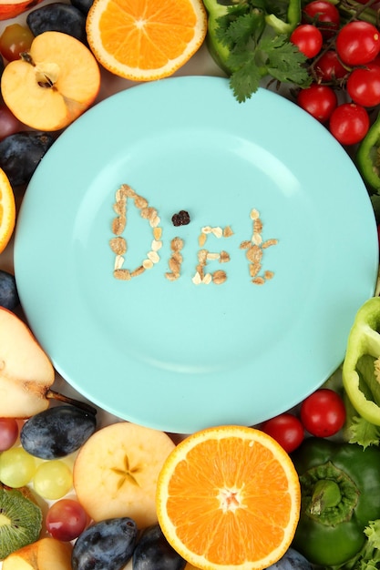 Blue plate surrounded by wholesome food diet closeup