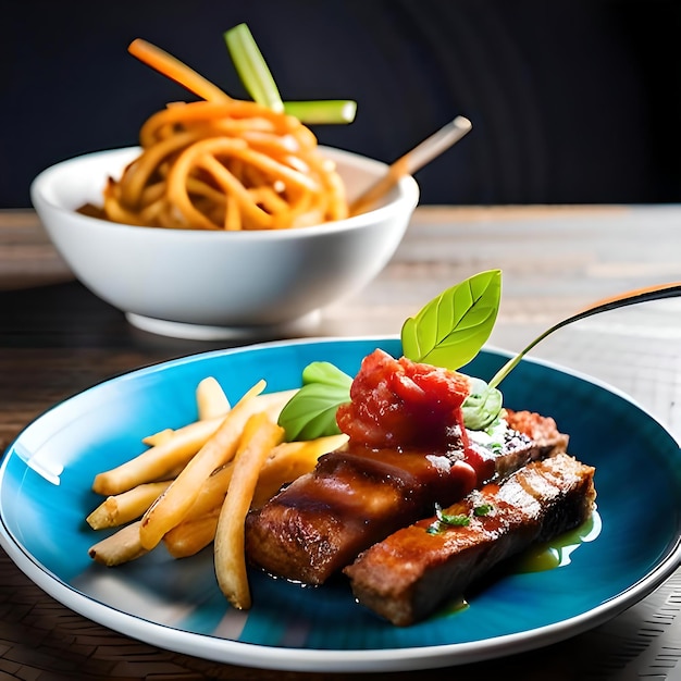 a blue plate topped with meat and french fries a 3D render