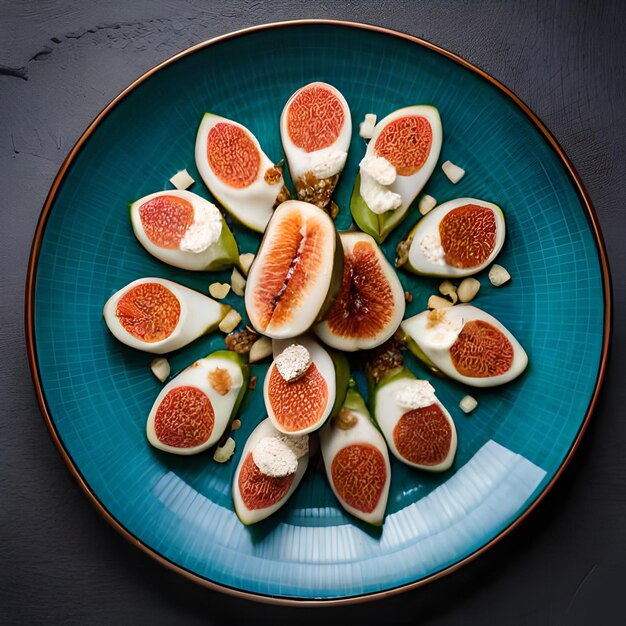 A blue plate with figs and cheese on it