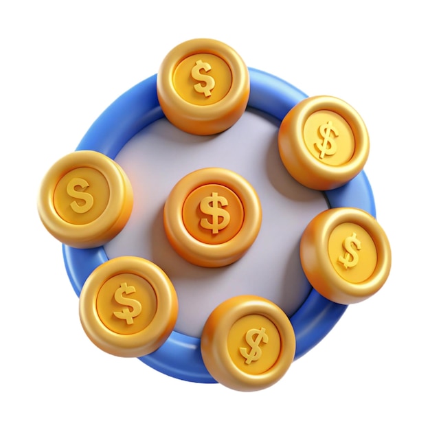 その上に金貨が付いた青い皿とその上にドルのサインが付いている青い皿