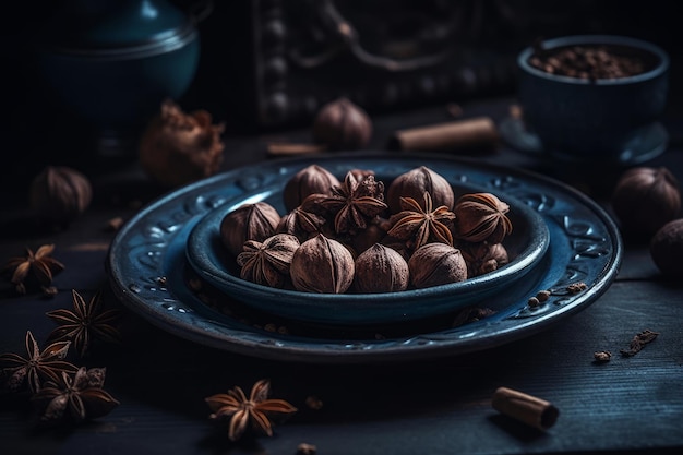 A blue plate with nuts on it and a bowl of star anise on the side.