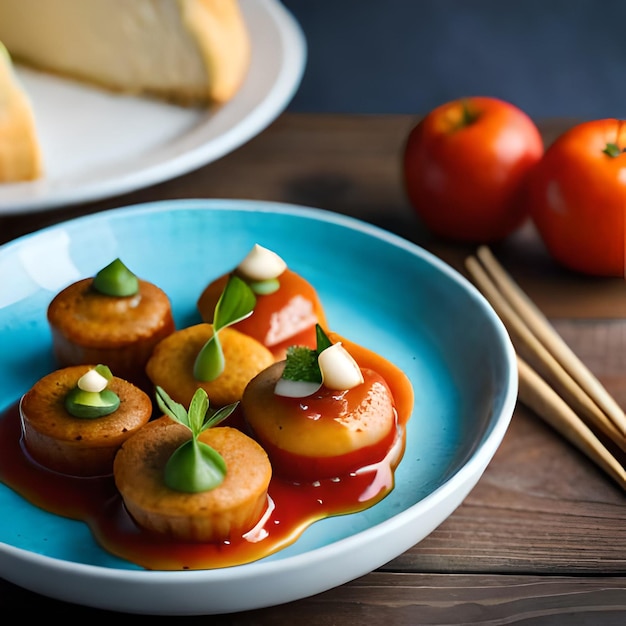 A blue plate with a plate of food with a red tomato on it.