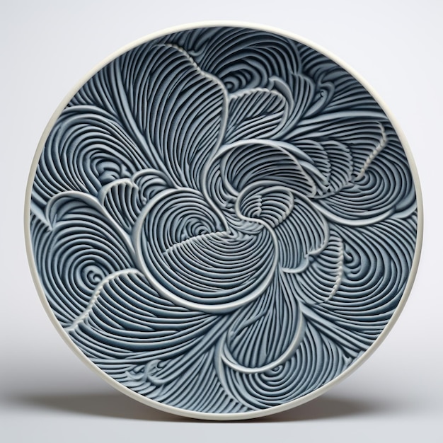Photo blue plate with swirl design dark white and dark gray woodcutinspired graphics
