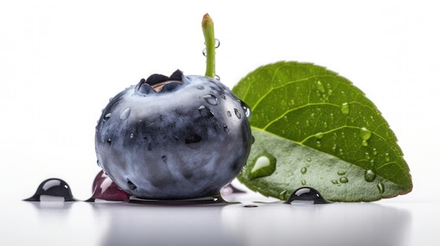 Blue plums and a leaf on a white background