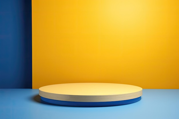 Blue podium close shot yellow backg studio with wheat