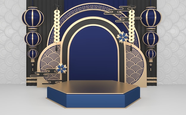 Blue Podium, minimal podium geometric and decoration color japanese tone