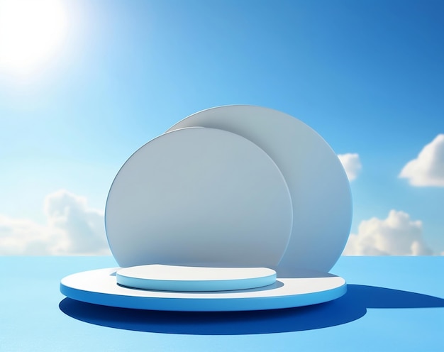 A blue podium pedestal white object with a round top sits on a blue surface