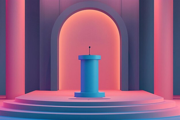 Photo a blue podium with a blue stand in front of a podium with a microphone on it