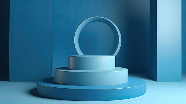 A blue podium with a round base in front of a blue wall