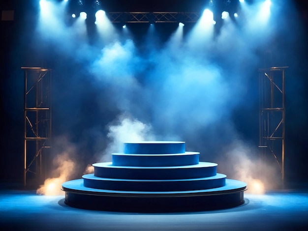 디자인을 위해 무대에 스포트라이트와 연기가 있는 파란색 연단