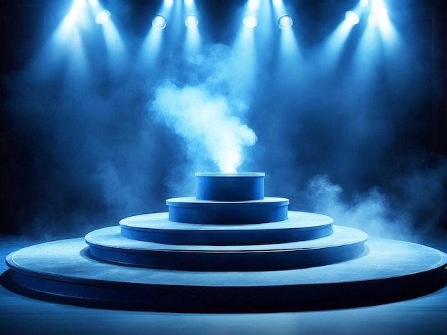 blue podium with spotlight and smoke on the stage for design