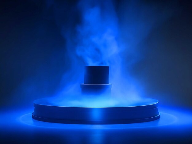 blue podium with spotlight and smoke on the stage