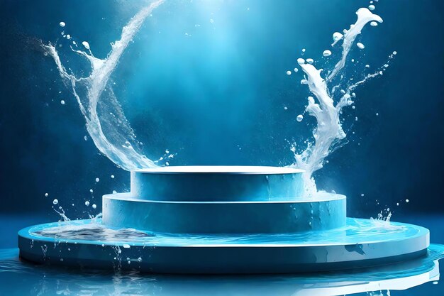 Blue podium with water splashes for product presentation