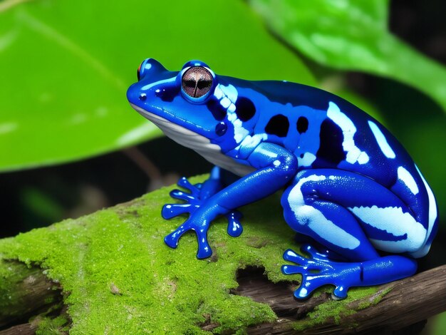 Blue poison arrow frog sitting on tree looking away outdoors ai generated