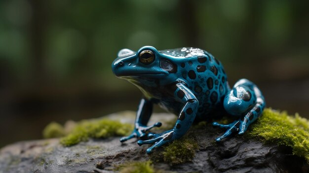 A blue poison dart frog sits on a log.