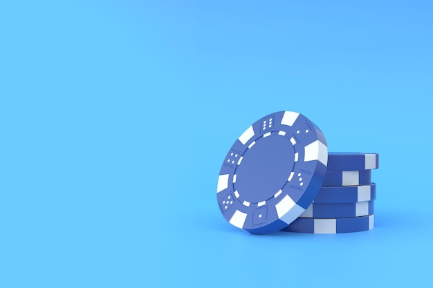 Blue poker chips on a blue background with copy space Casino concept 3D render