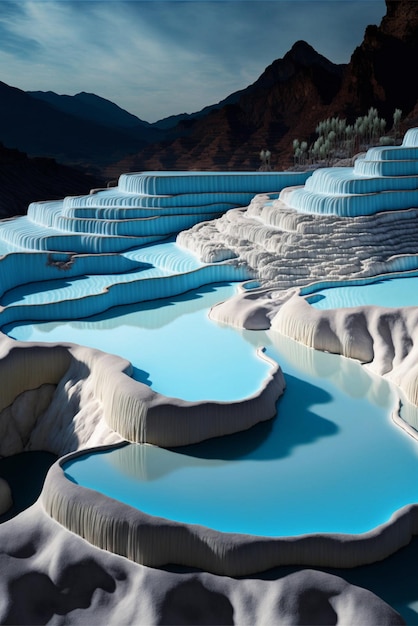 Blue pool of water with a mountain in the background generative ai