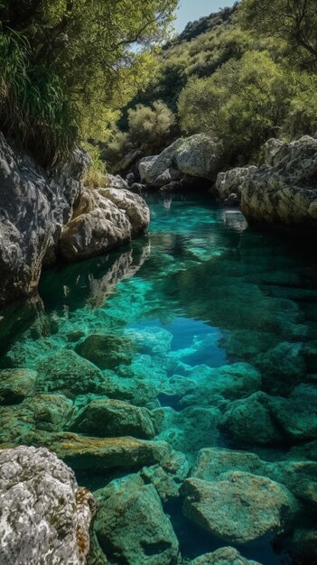 A blue pool of water with rocks and trees in the background.