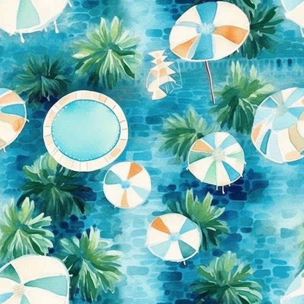 Photo a blue pool with umbrellas and a palm tree in the background.