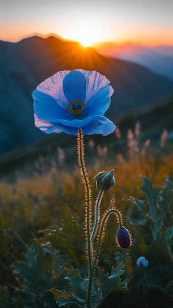 A blue poppy in a field with the sun setting behind it