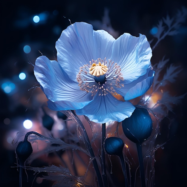 Blue poppy flower with water drops on petals generative ai