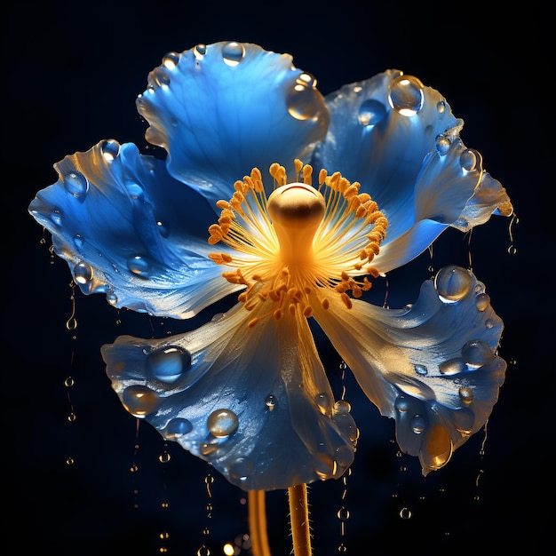 Blue poppy flower with water drops on petals generative ai