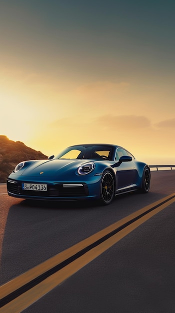 A blue porsche 911 is driving on a highway with a sunset in the background.