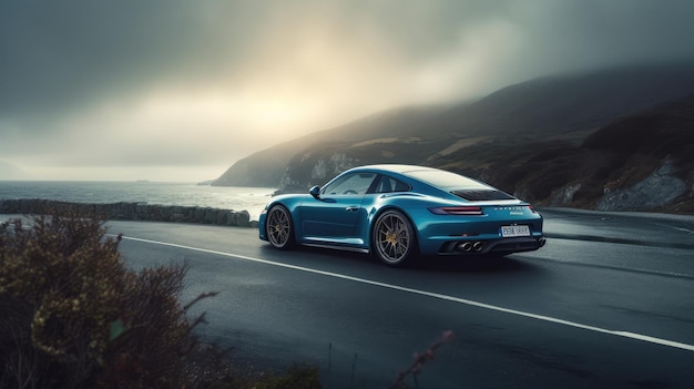 A blue porsche 911 is driving on a road with a mountain in the background.