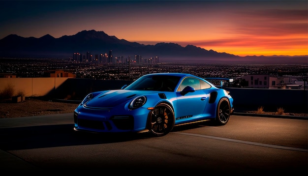 A blue porsche 911 with a sunset in the background