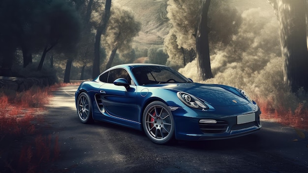 A blue porsche is on the road in a forest.