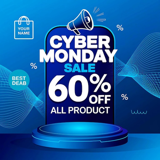 a blue poster that says cyber monday sale is displayed