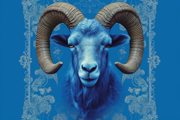 A blue poster with a goats face