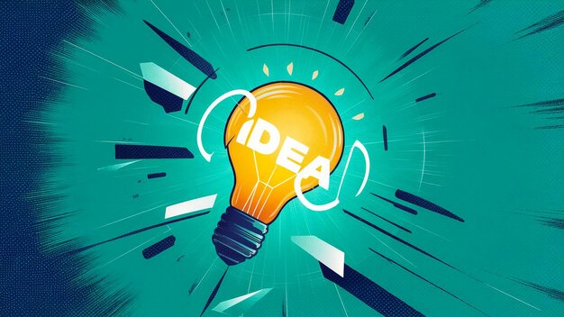 a blue poster with a light bulb on it and the word idea on it