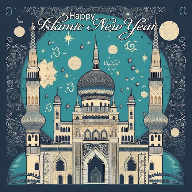 A blue poster with a picture of a mosque and the words happy islam new year.