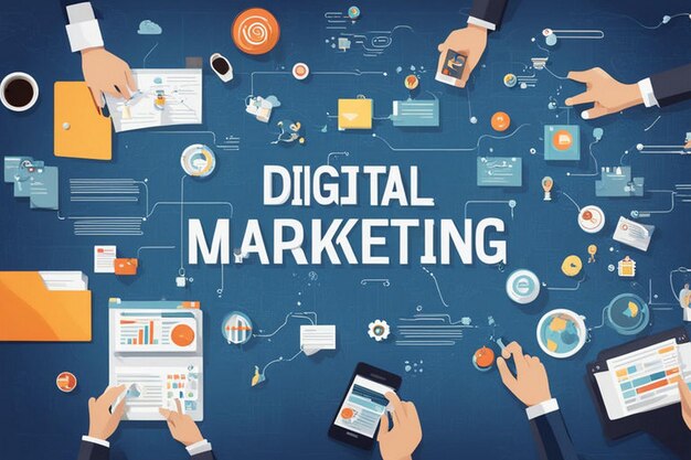Photo a blue poster with the words digital marketing on it
