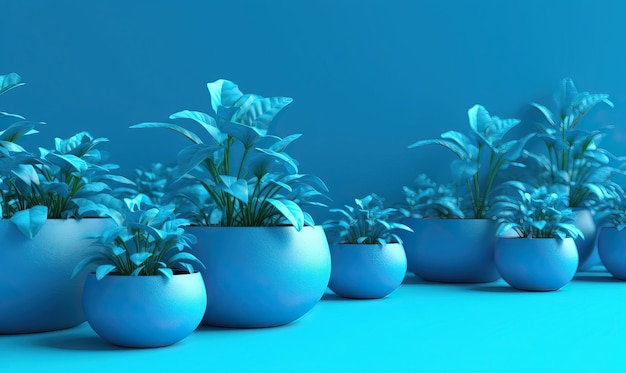 Голубые горшки с комнатными растениями на синем фоне, созданные с использованием генеративных инструментов ИИ