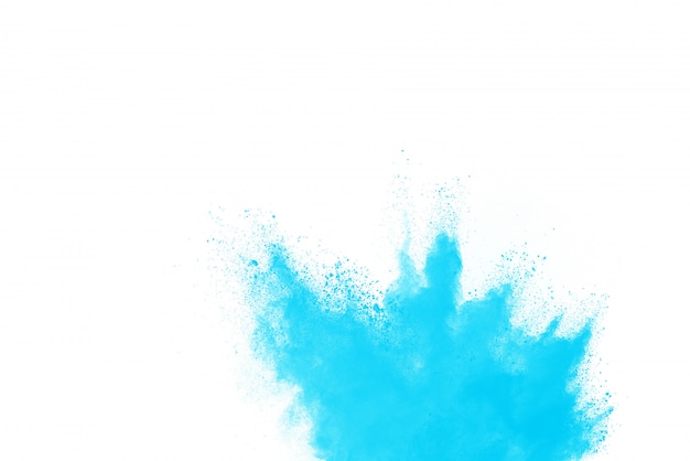 Blue powder explosion isolated on white.