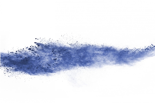 Blue powder explosion on white background. Colored cloud. Colorful dust explode. Paint Holi. 