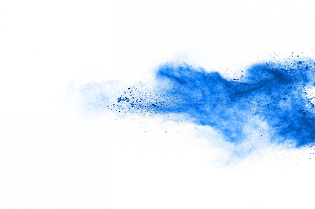 Blue powder explosion on white background. Colored cloud. Colorful dust explode. Paint Holi. 