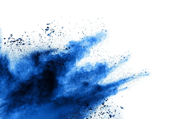 Blue powder explosion on white background.