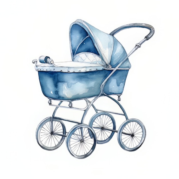 A blue pram with a white seat