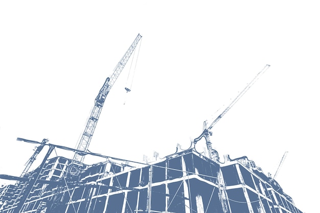 Blue print of a multistorey residential building under construction and a construction crane on a white background