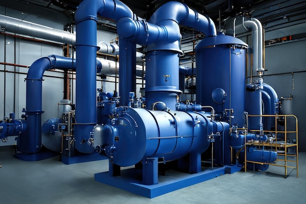 Blue Pumps and Shiny Stainless Metal Pipes A Large Industrial Boiler Room and Water Facility