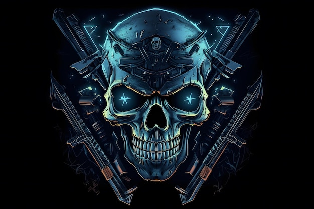 Photo blue punk cyber human skull with weapon neural network ai generated